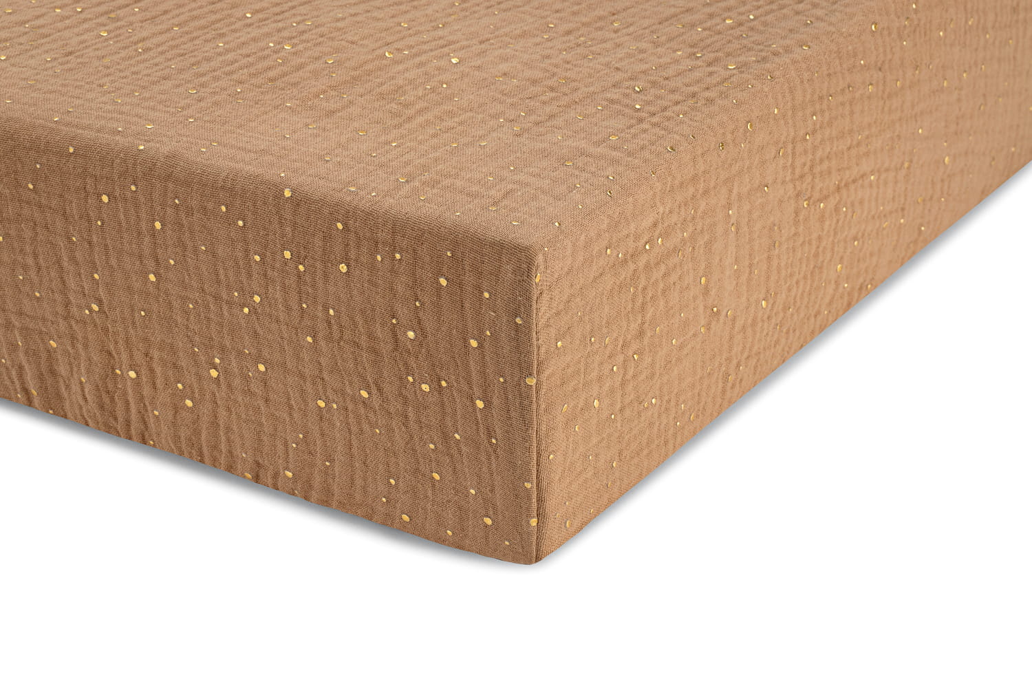 Prześcieradło Muślinowe z Gumką - Jasny Brąz nadruk w złote kropki