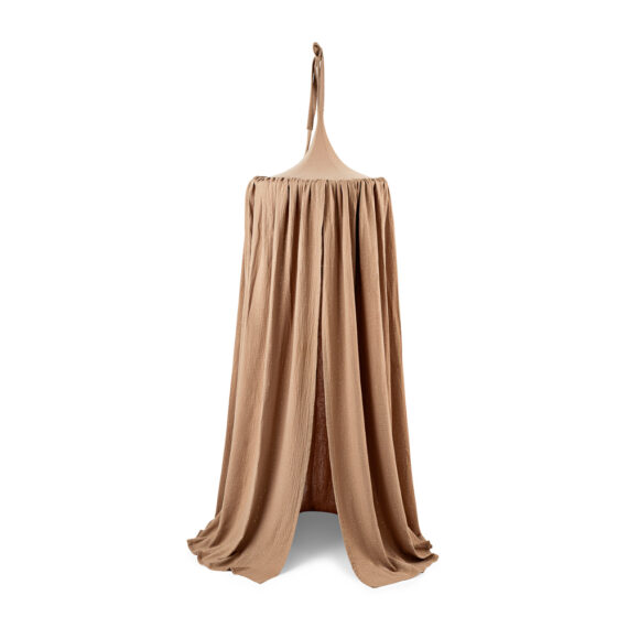 Baldachim muślinowy nad dziecięce kawowy ze złotymi kropkami