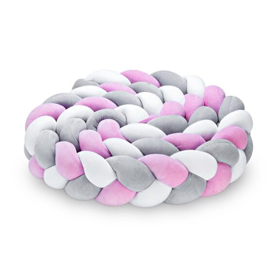 Warkocz do łóżeczka 3 pasma szaro-biało-różowy