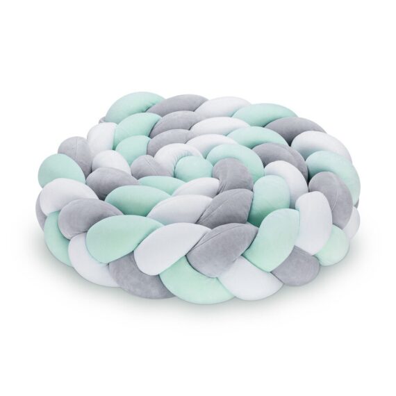 Warkocz do łóżeczka 3 pasma biało-szaro-miętowy